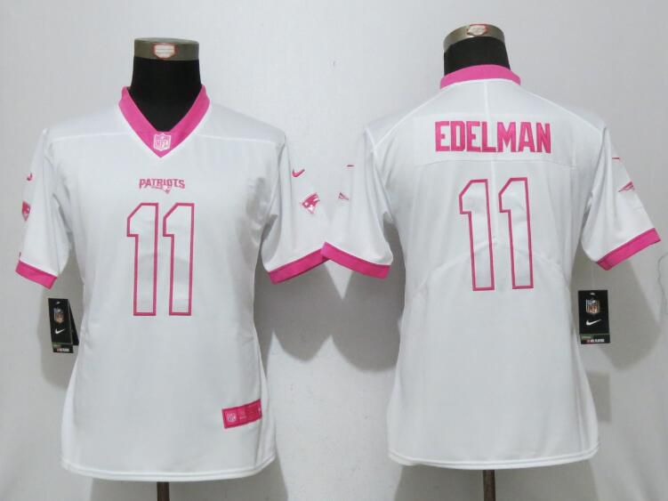 Women 2017 New England Patriots #11 Edelman Matthews White Pink Stitched New Nike Elite Rush Fashion NFL Jersey